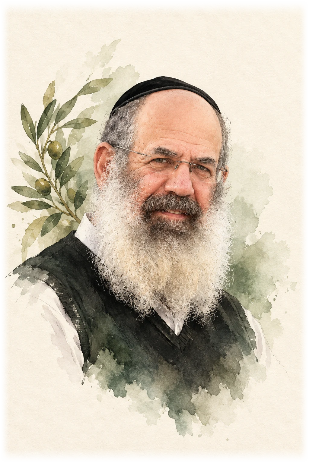 דיוקן בצבעי מים של הרב משה ארמוני עם ענף זית