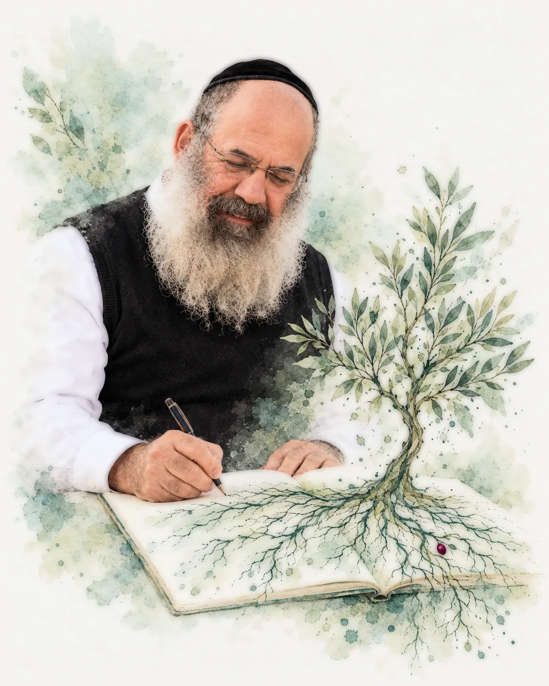 הרב משה ארמוני כותב במחברת, ומתוך הדף צומח עץ זית ששורשיו מתפצלים כמו עץ משפחה
